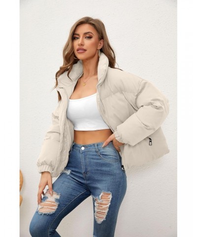 Women's Winter Puffer Jacket Stand Collar Zip Up Trendy Cropped Down Coats with Pockets Apricot L $10.75 Jackets