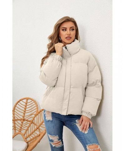 Women's Winter Puffer Jacket Stand Collar Zip Up Trendy Cropped Down Coats with Pockets Apricot L $10.75 Jackets