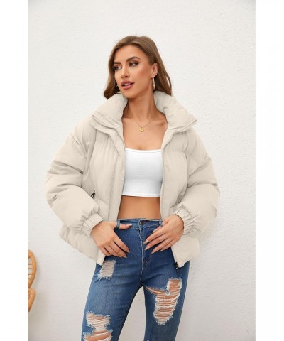 Women's Winter Puffer Jacket Stand Collar Zip Up Trendy Cropped Down Coats with Pockets Apricot L $10.75 Jackets