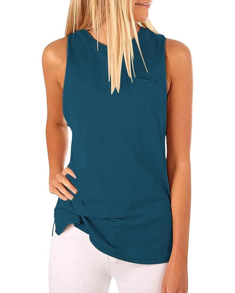 Women's High Neck Tank Tops Summer Sleeveless T Shirts Loose Fit with Pockets Teal Blue $11.00 Tanks