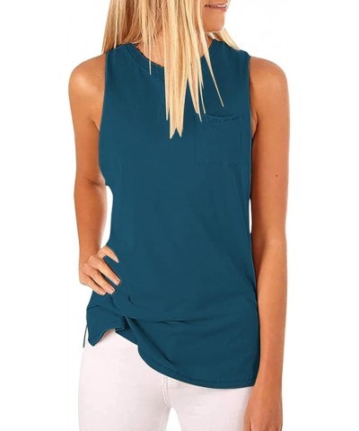 Women's High Neck Tank Tops Summer Sleeveless T Shirts Loose Fit with Pockets Teal Blue $11.00 Tanks