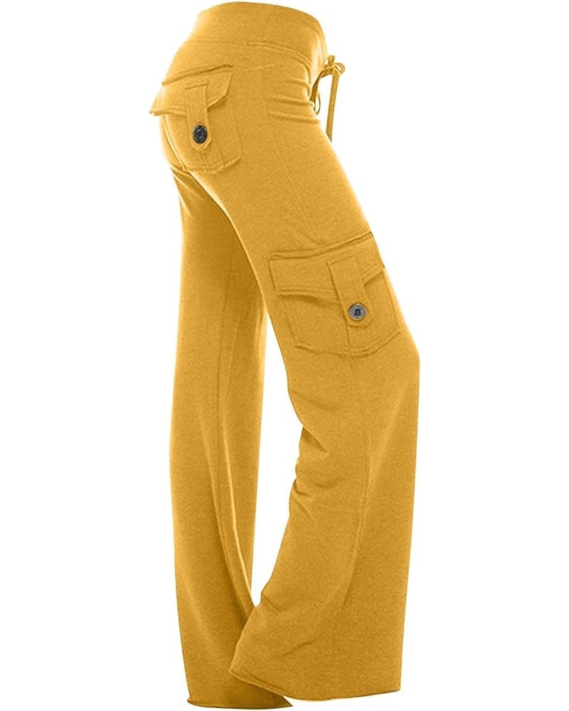 Cargo Pants for Women Solid Color Slim Fitting Elastic Waist Button with Pockets Drawstring Lounge Long Trousers Yellow $10.9...