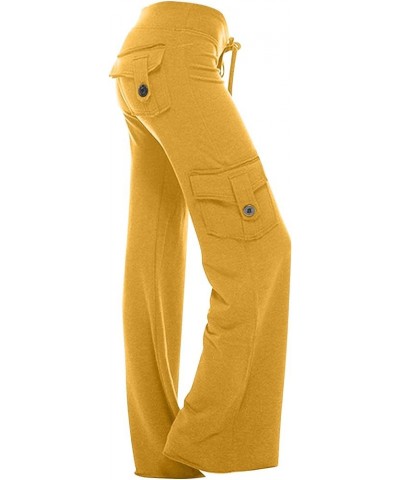 Cargo Pants for Women Solid Color Slim Fitting Elastic Waist Button with Pockets Drawstring Lounge Long Trousers Yellow $10.9...