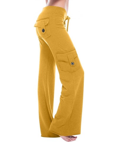 Cargo Pants for Women Solid Color Slim Fitting Elastic Waist Button with Pockets Drawstring Lounge Long Trousers Yellow $10.9...