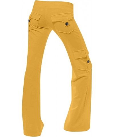 Cargo Pants for Women Solid Color Slim Fitting Elastic Waist Button with Pockets Drawstring Lounge Long Trousers Yellow $10.9...