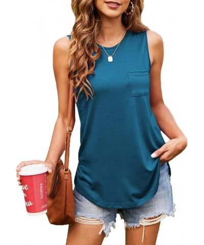 Women's High Neck Tank Tops Summer Sleeveless T Shirts Loose Fit with Pockets Teal Blue $11.00 Tanks