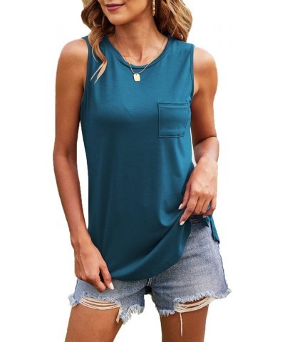 Women's High Neck Tank Tops Summer Sleeveless T Shirts Loose Fit with Pockets Teal Blue $11.00 Tanks