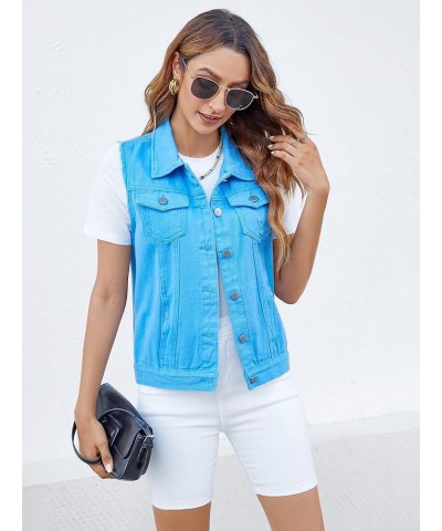 Women's Vests Denim Jacket Sleeveless Slim Fit Distressed Crop Coats with Pockets Sky Blue $18.33 Vests