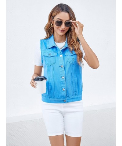 Women's Vests Denim Jacket Sleeveless Slim Fit Distressed Crop Coats with Pockets Sky Blue $18.33 Vests