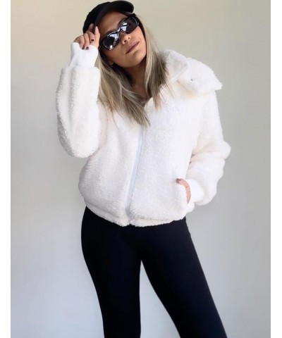 Womens Crop Faux Fur Coat Winter Full Zip Sherpa Fleece Jacket Long Sleeve Warm Fuzzy Outerwear with Hooded White $21.15 Coats