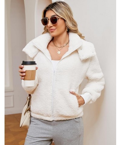 Womens Crop Faux Fur Coat Winter Full Zip Sherpa Fleece Jacket Long Sleeve Warm Fuzzy Outerwear with Hooded White $21.15 Coats