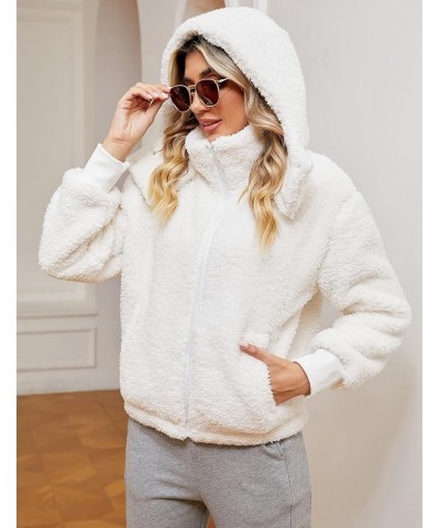 Womens Crop Faux Fur Coat Winter Full Zip Sherpa Fleece Jacket Long Sleeve Warm Fuzzy Outerwear with Hooded White $21.15 Coats