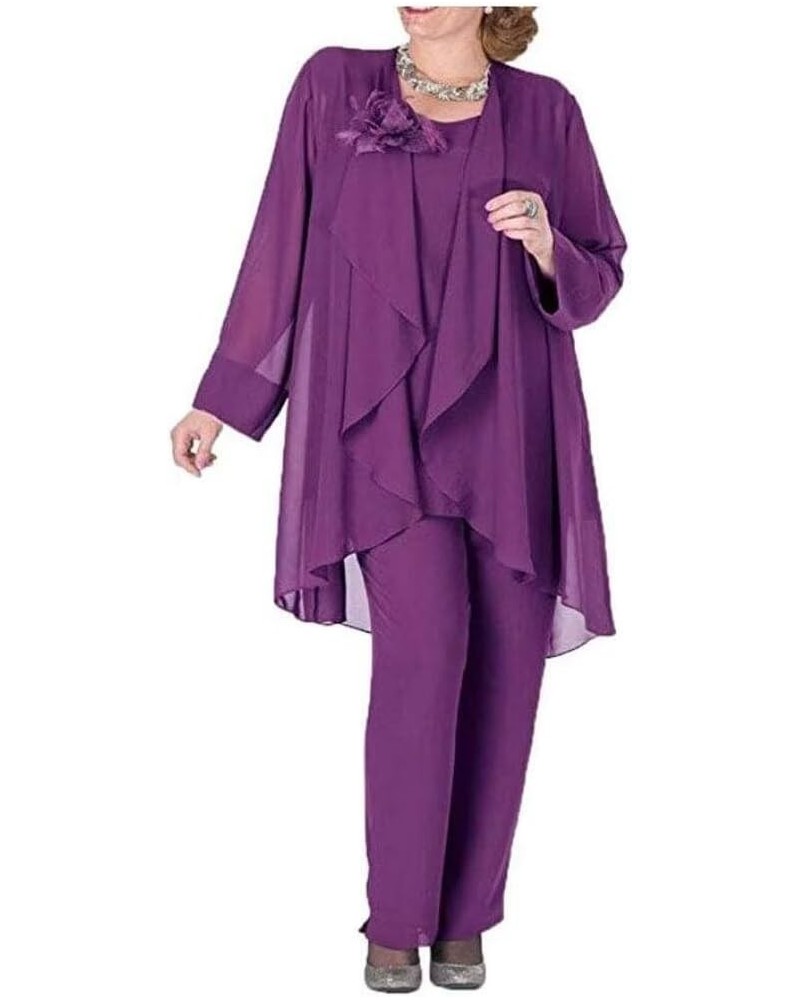 Chiffon Pant Suits for Women Dressy Wedding 3 Pieces Mother of The Bride Evening Outfits Purple $28.60 Suits