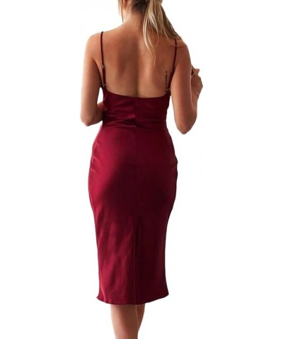 Women's Sleeveless Spaghetti Strap Satin Dress Cocktail Beach Evening Party Cowl Neck Dot Leopard Midi Dresses Split-wine Red...