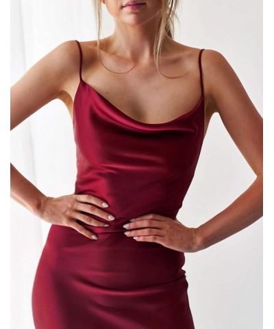 Women's Sleeveless Spaghetti Strap Satin Dress Cocktail Beach Evening Party Cowl Neck Dot Leopard Midi Dresses Split-wine Red...