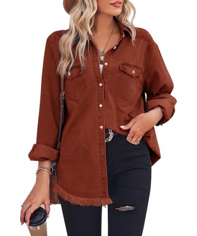 Women Denim Shirt Chambray Collared Jean Shirts Long Sleeve Pocket Button Down Blouses Caramel $21.99 Blouses