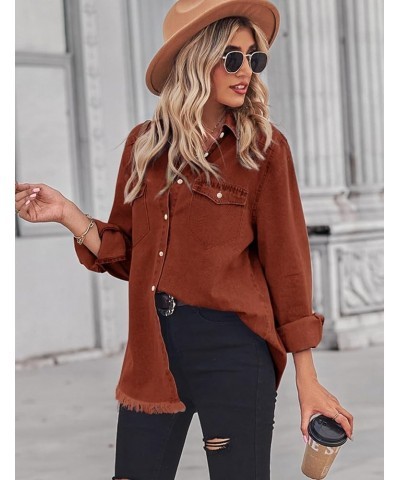 Women Denim Shirt Chambray Collared Jean Shirts Long Sleeve Pocket Button Down Blouses Caramel $21.99 Blouses