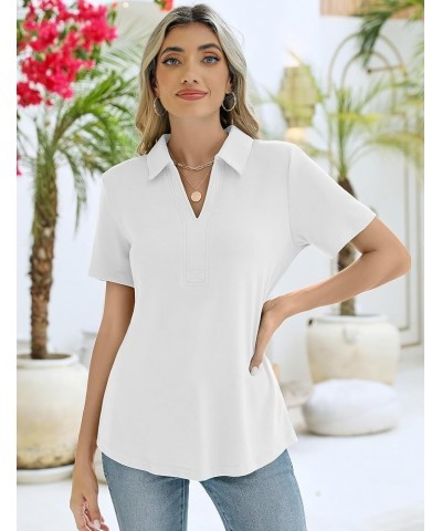 Women's Short Sleeve V-Neck Polo Shirts Business Casual Work Collared Tops Johnny Collar Cute Blouses Regular Short Sleeve-wh...