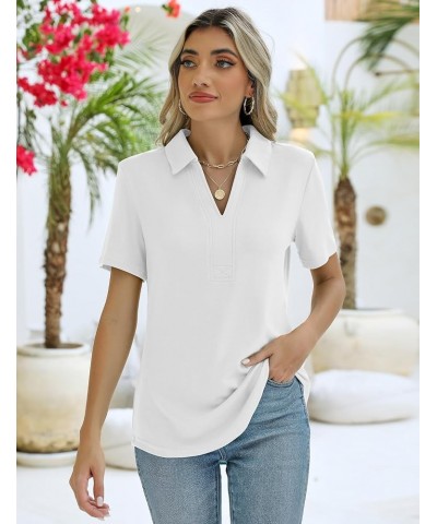 Women's Short Sleeve V-Neck Polo Shirts Business Casual Work Collared Tops Johnny Collar Cute Blouses Regular Short Sleeve-wh...