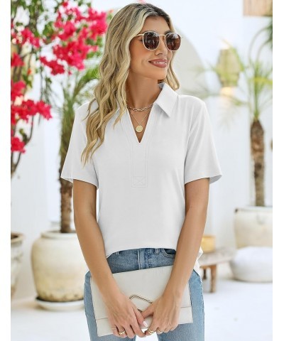 Women's Short Sleeve V-Neck Polo Shirts Business Casual Work Collared Tops Johnny Collar Cute Blouses Regular Short Sleeve-wh...