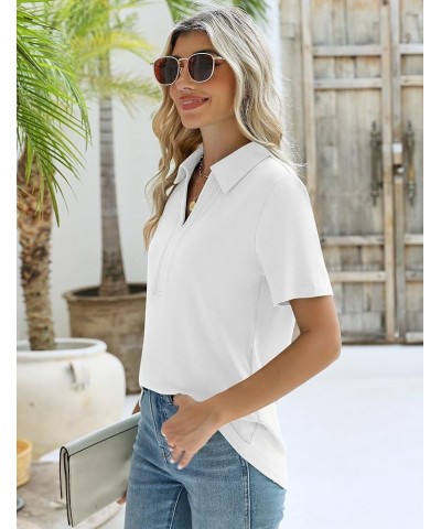 Women's Short Sleeve V-Neck Polo Shirts Business Casual Work Collared Tops Johnny Collar Cute Blouses Regular Short Sleeve-wh...