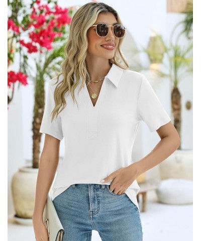 Women's Short Sleeve V-Neck Polo Shirts Business Casual Work Collared Tops Johnny Collar Cute Blouses Regular Short Sleeve-wh...