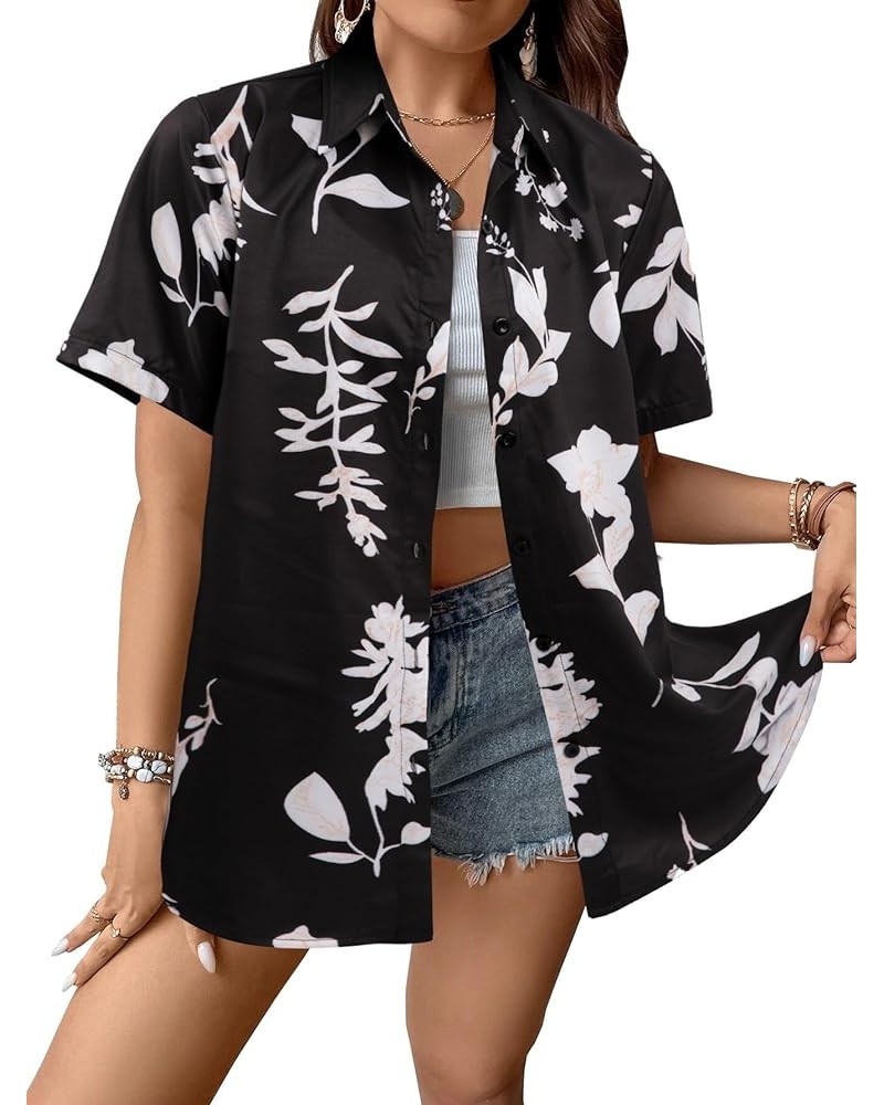 Womens Hawaiian Shirt Floral Tropic Print Button Down Tee Shirts Summer Beach Hawaii Short Sleeve Blouse Tops Black $11.12 Bl...