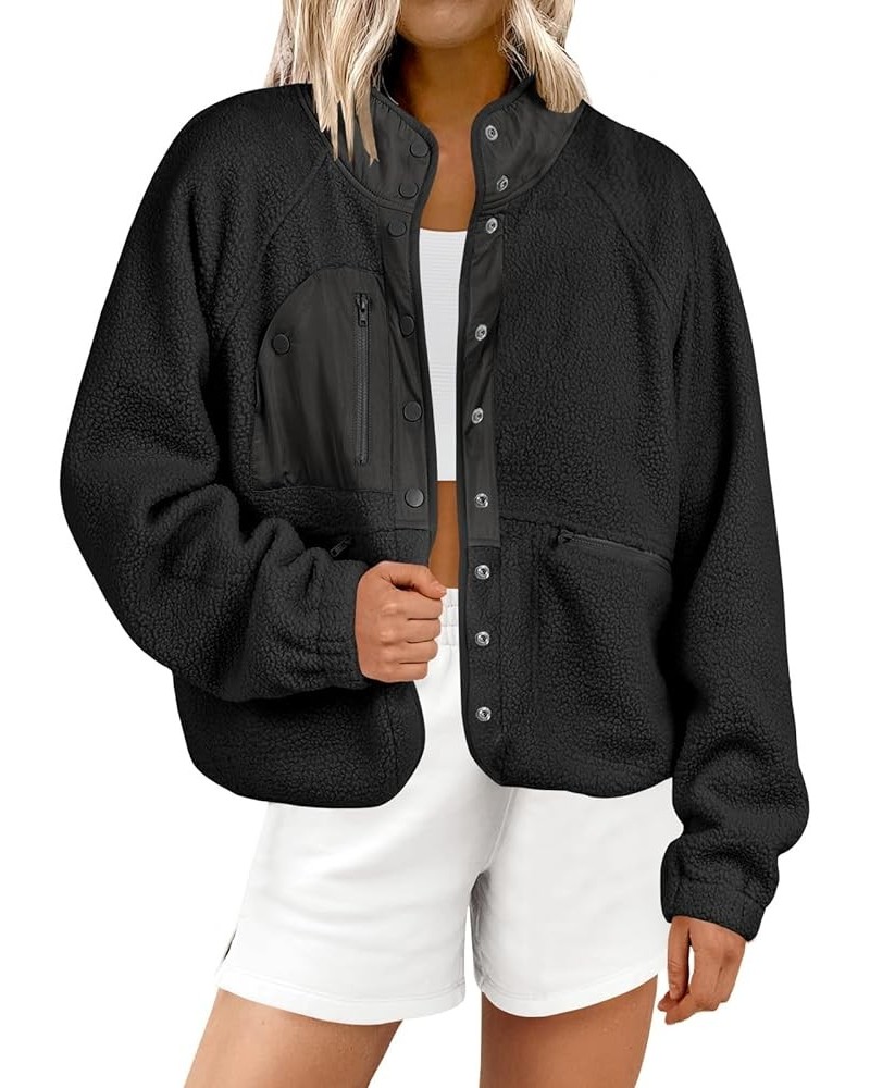 Womens Fleece Jacket Button Down Shacket Casual Sherpa Cropped Coats Warm Outwear with Pockets Black $25.50 Jackets