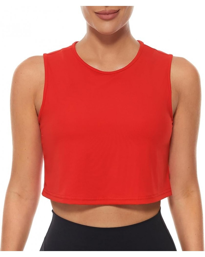 Women's Crewneck Crop Workout Tank Top - Athletic Running Yoga Tops Sleeveless T-Shirt Red $11.99 Activewear