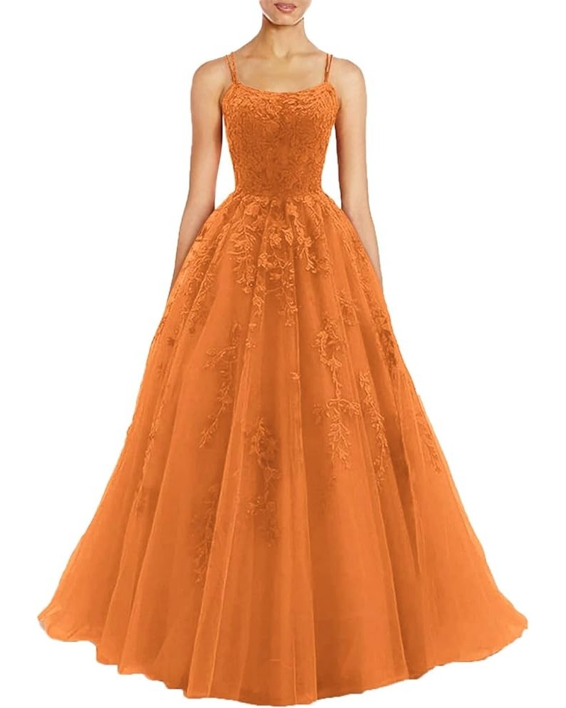 Spaghetti Straps Prom Dresses Long Tulle Lace Appliques Ball Gown Formal Dress for Women Orange $46.79 Dresses