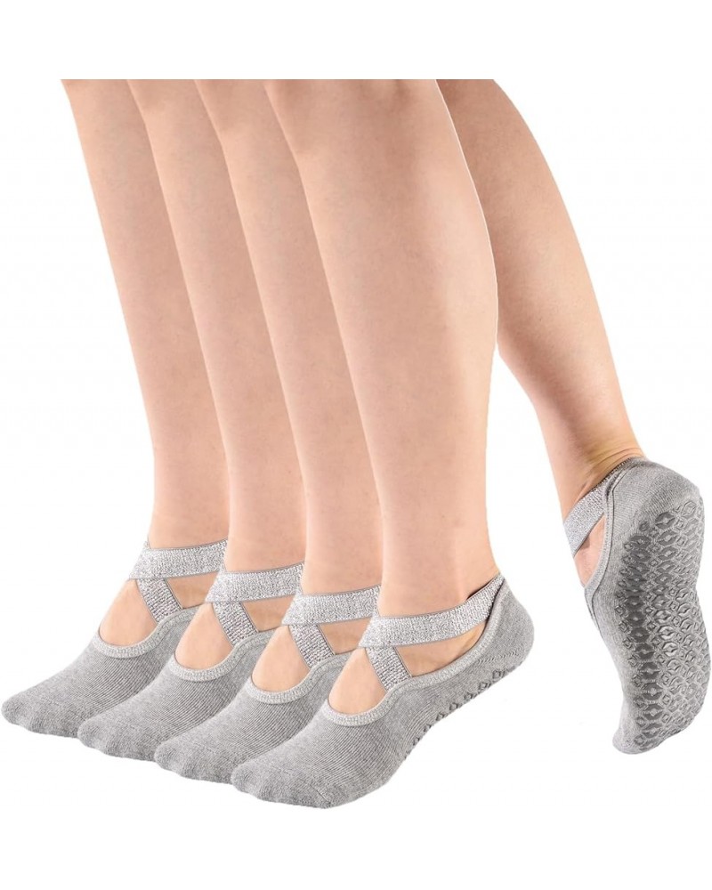 Womens and Girls Glitter Padded Anti Skid Non Slip Yoga Socks with Grips for Barre Pilate Ballet 4 Pairs Grey $12.71 Activewear