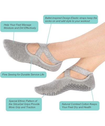 Womens and Girls Glitter Padded Anti Skid Non Slip Yoga Socks with Grips for Barre Pilate Ballet 4 Pairs Grey $12.71 Activewear