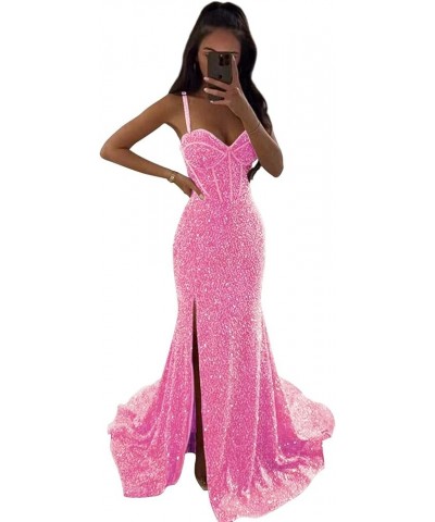 Women's Mermaid Sequin Prom Dresses Ball Gown Long Homecoming Dress V Neck High Slit Evening Formal Dress Pink $35.70 Dresses