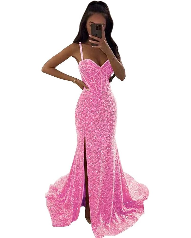 Women's Mermaid Sequin Prom Dresses Ball Gown Long Homecoming Dress V Neck High Slit Evening Formal Dress Pink $35.70 Dresses