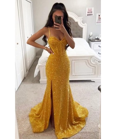 Women's Mermaid Sequin Prom Dresses Ball Gown Long Homecoming Dress V Neck High Slit Evening Formal Dress Pink $35.70 Dresses