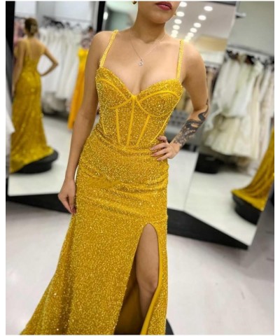 Women's Mermaid Sequin Prom Dresses Ball Gown Long Homecoming Dress V Neck High Slit Evening Formal Dress Pink $35.70 Dresses