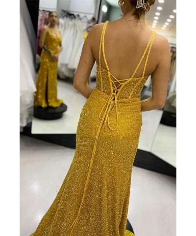 Women's Mermaid Sequin Prom Dresses Ball Gown Long Homecoming Dress V Neck High Slit Evening Formal Dress Pink $35.70 Dresses