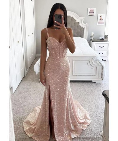 Women's Mermaid Sequin Prom Dresses Ball Gown Long Homecoming Dress V Neck High Slit Evening Formal Dress Pink $35.70 Dresses