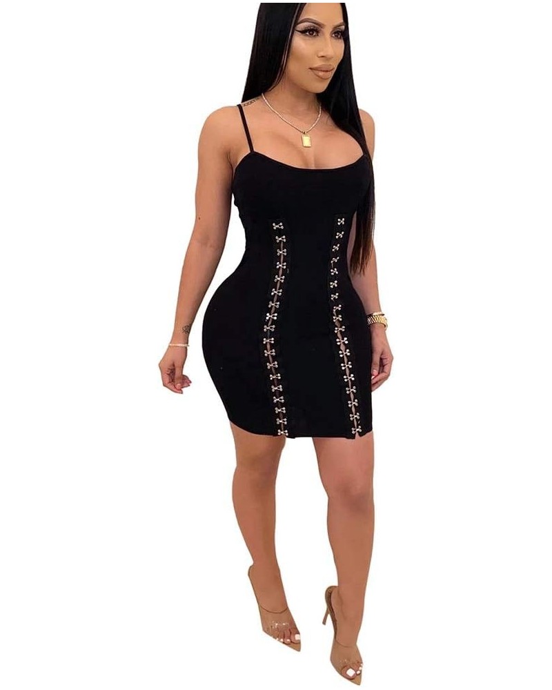 Womens Sexy Lace up Spaghetti Straps Hollow Out Backless Knit Ribbed Bandage Bodycon Long Maxi Dress Short Black $14.28 Dresses