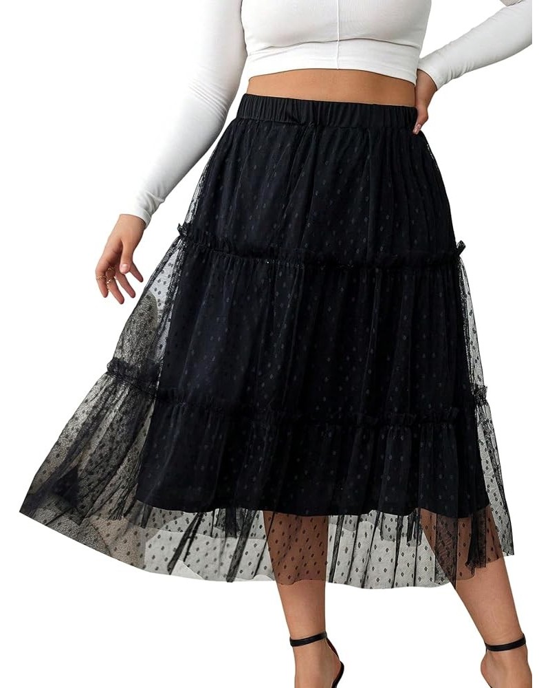 Women's Plus Size Heart Printed Contrast Mesh Frill Trim Flared Midi Skirt Black Dull $16.45 Skirts