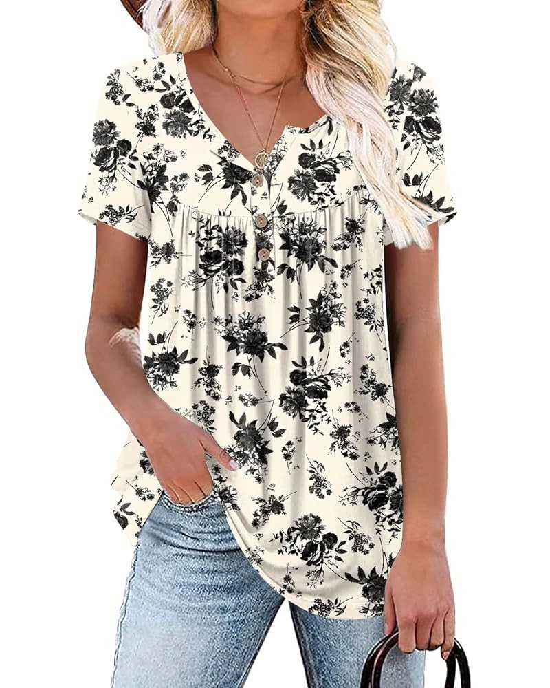 Women's 2024 Spring Short Sleeve Henley Shirts Button Down Summer Tunic Tops Casual Blouse T-Shirts Kawasaki's Rose $12.00 Tops