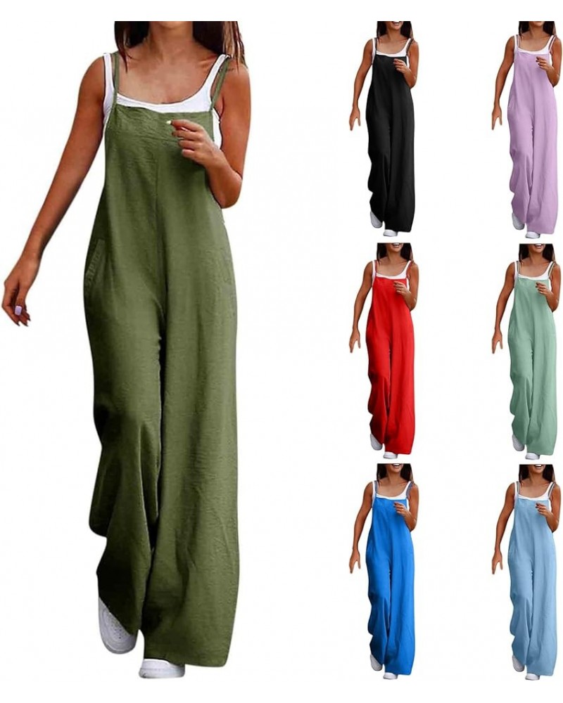 Linen Overalls for Women Loose Fit Spaghetti Strap Wide Leg Jumpsuits Casual Flowy Summer Rompers with Pockets A04-red $9.43 ...