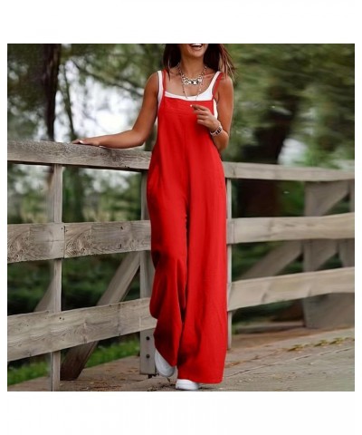 Linen Overalls for Women Loose Fit Spaghetti Strap Wide Leg Jumpsuits Casual Flowy Summer Rompers with Pockets A04-red $9.43 ...