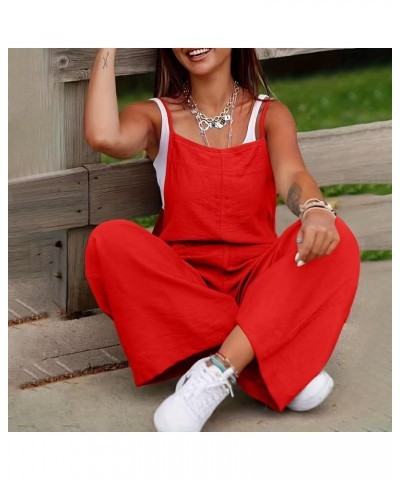 Linen Overalls for Women Loose Fit Spaghetti Strap Wide Leg Jumpsuits Casual Flowy Summer Rompers with Pockets A04-red $9.43 ...