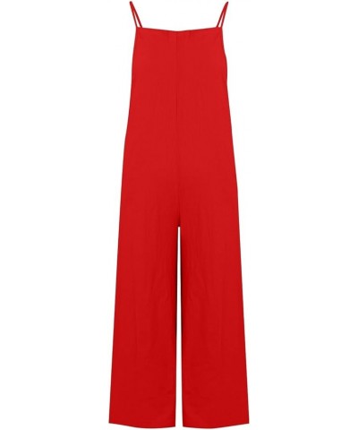 Linen Overalls for Women Loose Fit Spaghetti Strap Wide Leg Jumpsuits Casual Flowy Summer Rompers with Pockets A04-red $9.43 ...