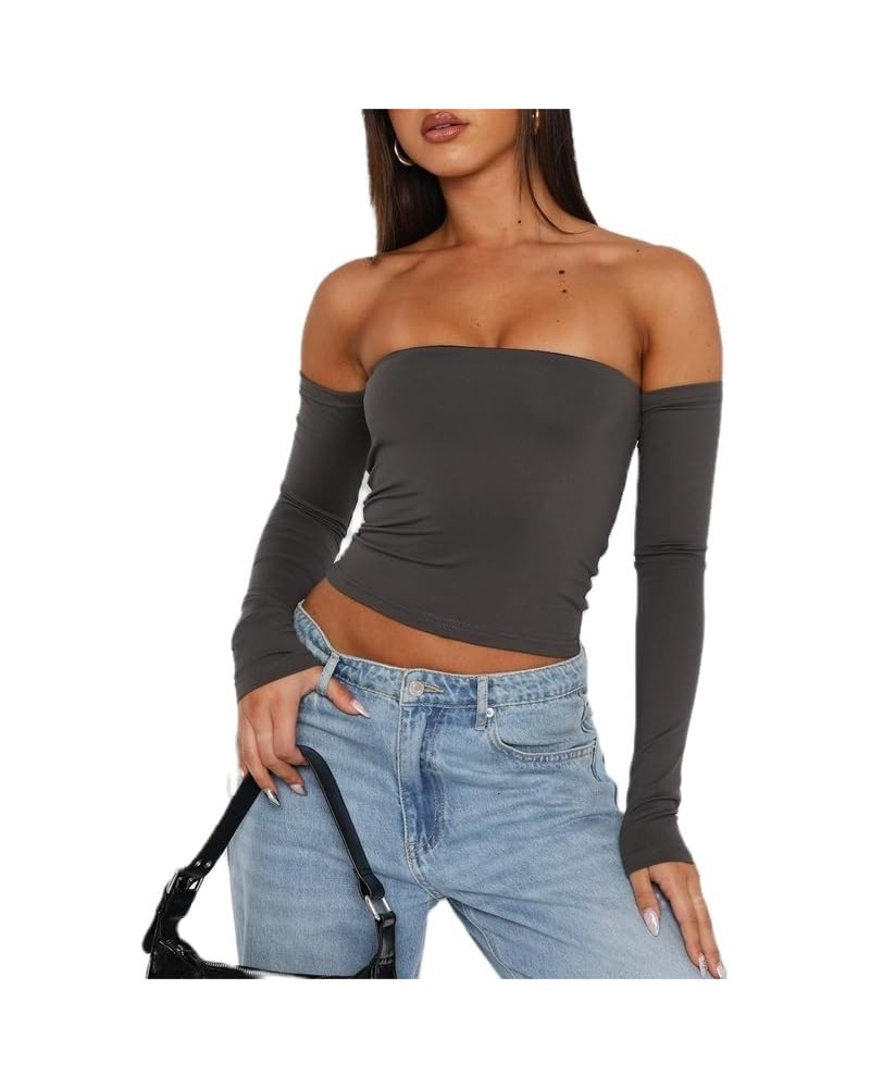 Women Y2k Off Shoulder Crop Top Sheer Mesh Long Sleeve T Shirt See Through Slim Fit Tube Top Trendy Streetwear E1-grey-e1 $9....