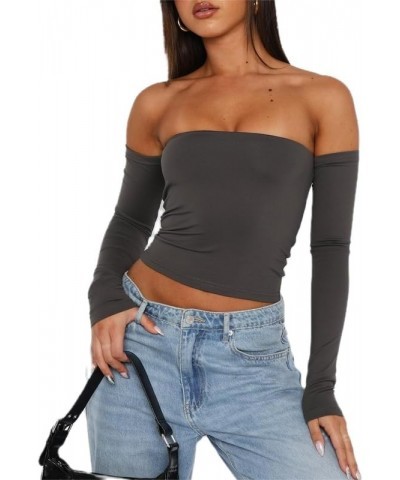 Women Y2k Off Shoulder Crop Top Sheer Mesh Long Sleeve T Shirt See Through Slim Fit Tube Top Trendy Streetwear E1-grey-e1 $9....