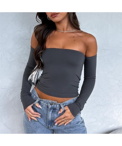 Women Y2k Off Shoulder Crop Top Sheer Mesh Long Sleeve T Shirt See Through Slim Fit Tube Top Trendy Streetwear E1-grey-e1 $9....