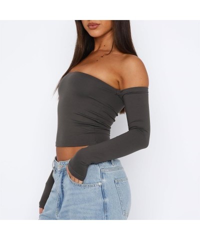 Women Y2k Off Shoulder Crop Top Sheer Mesh Long Sleeve T Shirt See Through Slim Fit Tube Top Trendy Streetwear E1-grey-e1 $9....