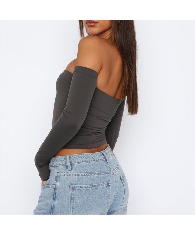 Women Y2k Off Shoulder Crop Top Sheer Mesh Long Sleeve T Shirt See Through Slim Fit Tube Top Trendy Streetwear E1-grey-e1 $9....